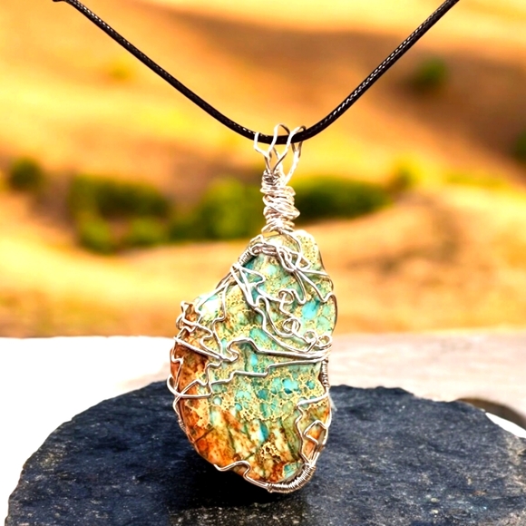 Handcrafted Wire Wrapped Teal & Brown Dyed Jasper Agate - Picture 1 of 3